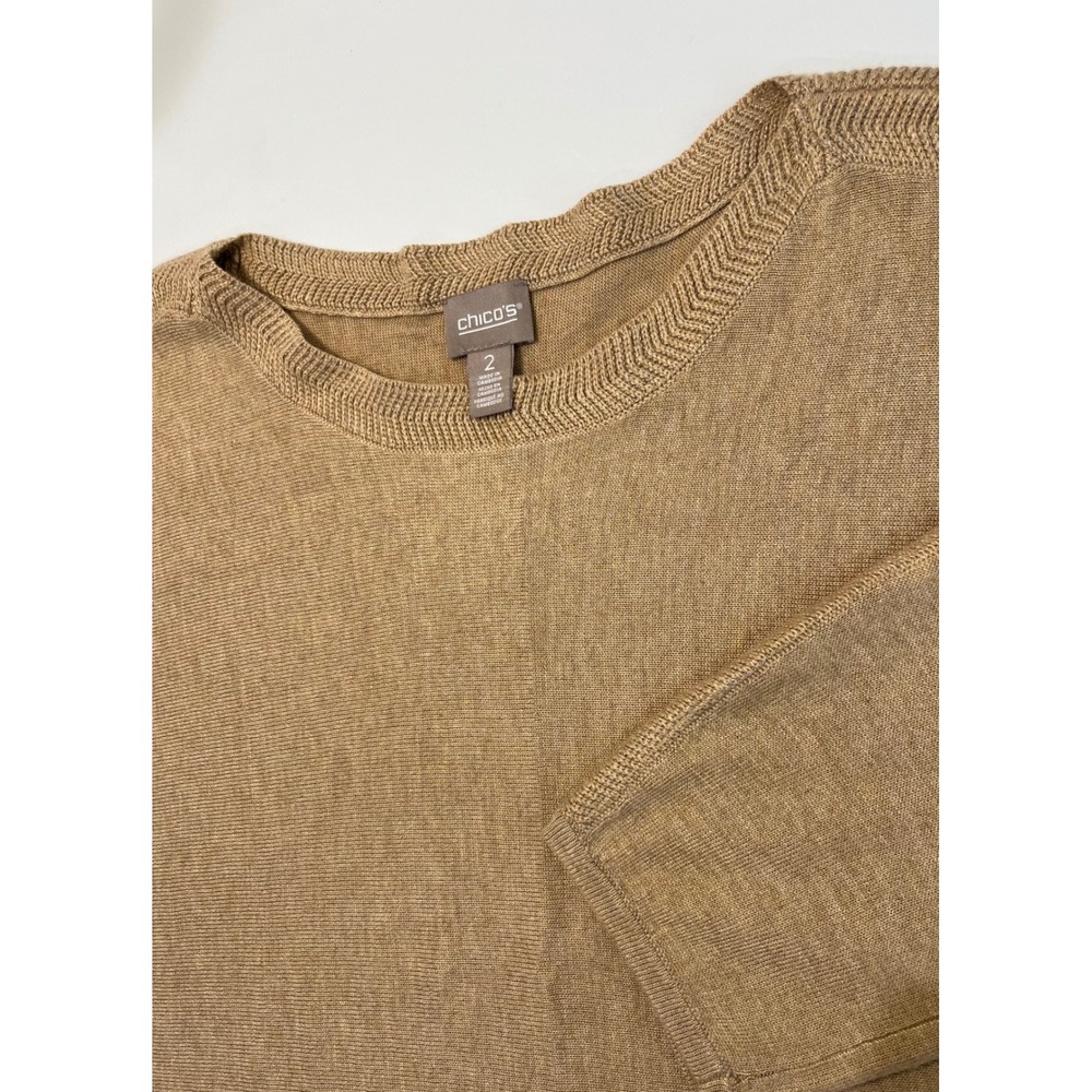 Chicos Womens Sweater Cashmere Blend Sz 2 Knit Tan 3/4 Sleeve Casual Soft Office